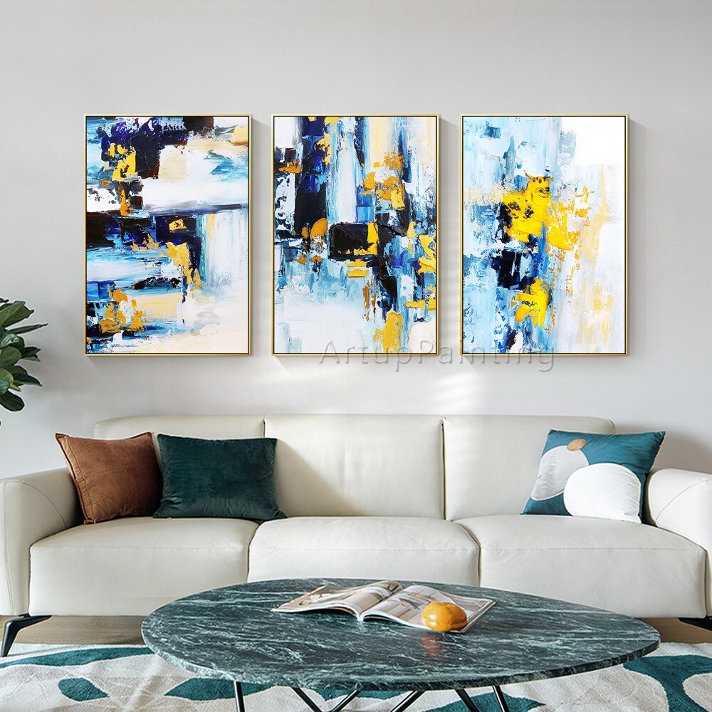 Juego de 3 pinturas al óleo modernas sobre lienzo, imágenes artísticas de pared abstractas pintadas a mano para decoración de pared de sala de estar, azul, amarillo y blanco Juego de 3 pinturas al óleo modernas sobre lienzo, imágenes artísticas de pared abstractas pintadas a mano para decoración de pared de sala de estar, azul, amarillo y blanco