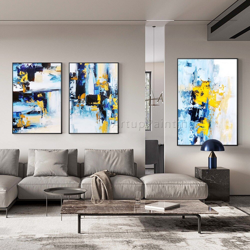 Juego de 3 pinturas al óleo modernas sobre lienzo, imágenes artísticas de pared abstractas pintadas a mano para decoración de pared de sala de estar, azul, amarillo y blanco Juego de 3 pinturas al óleo modernas sobre lienzo, imágenes artísticas de pared abstractas pintadas a mano para decoración de pared de sala de estar, azul, amarillo y blanco