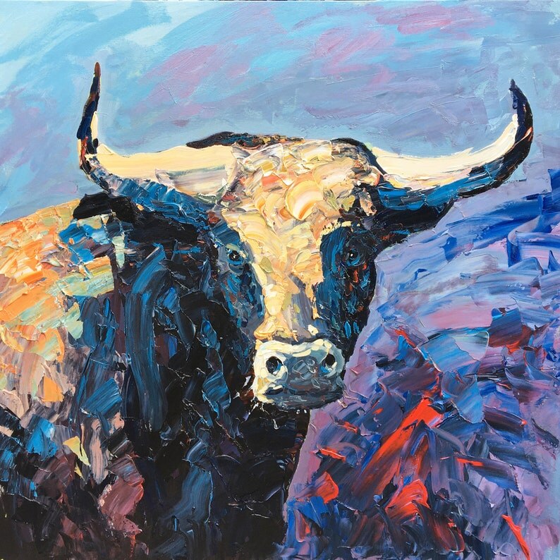 Pintura al &oacute;leo de toro y vaca para decoraci&oacute;n del hogar, paleta de pintura al &oacute;leo de animales abstractos impresistas, rojo y azul, cuchillo, imagen art&iacute;stica de pared para sala de estar