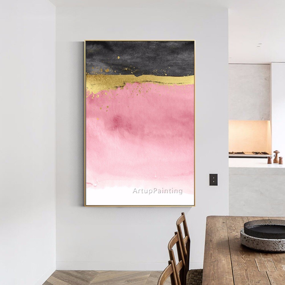 Pintura al &oacute;leo abstracta moderna sobre lienzo, cuadro para decoraci&oacute;n del hogar, arte de pared, pintura acr&iacute;lica, rosa, negro, dorado, pintada a mano