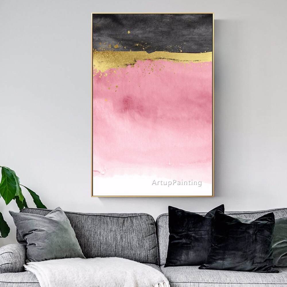 Pintura al &oacute;leo abstracta moderna sobre lienzo, cuadro para decoraci&oacute;n del hogar, arte de pared, pintura acr&iacute;lica, rosa, negro, dorado, pintada a mano