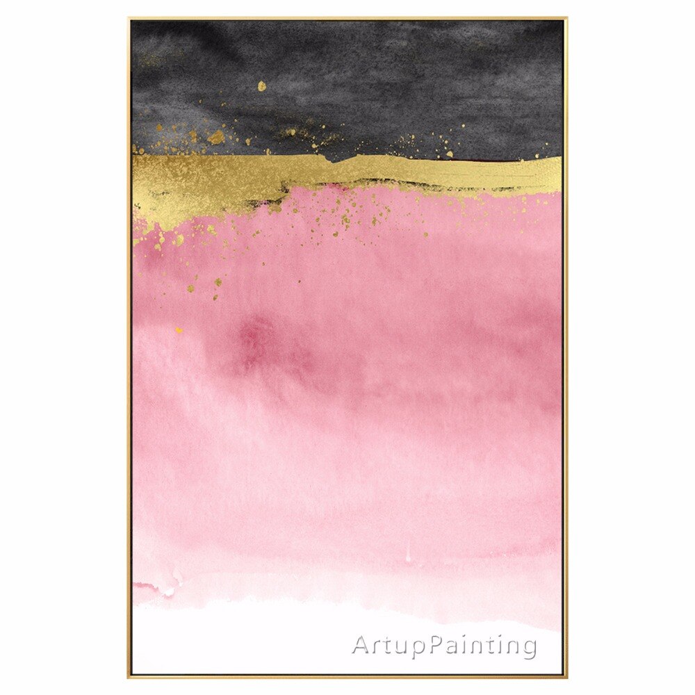 Pintura al &oacute;leo abstracta moderna sobre lienzo, cuadro para decoraci&oacute;n del hogar, arte de pared, pintura acr&iacute;lica, rosa, negro, dorado, pintada a mano