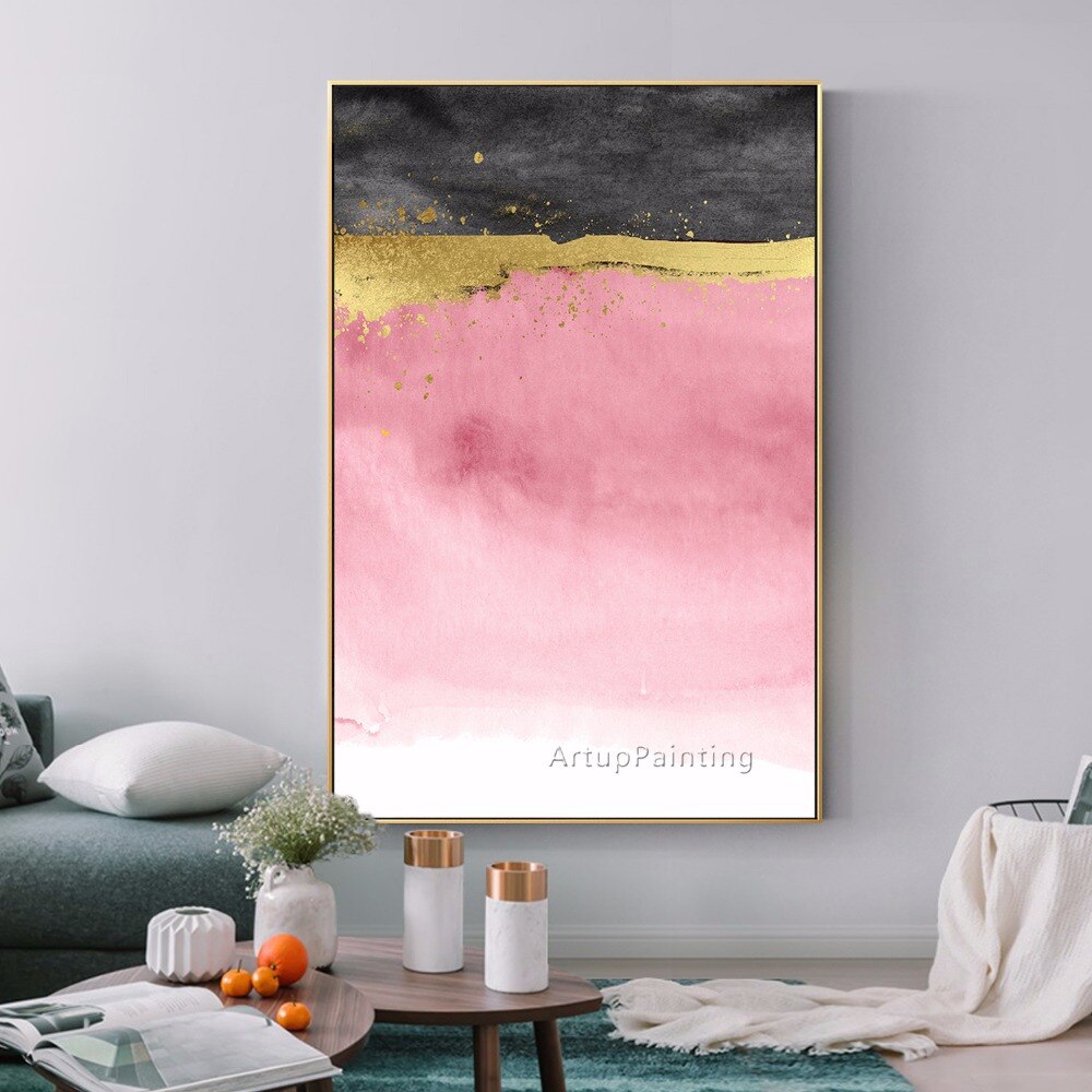 Pintura al &oacute;leo abstracta moderna sobre lienzo, cuadro para decoraci&oacute;n del hogar, arte de pared, pintura acr&iacute;lica, rosa, negro, dorado, pintada a mano