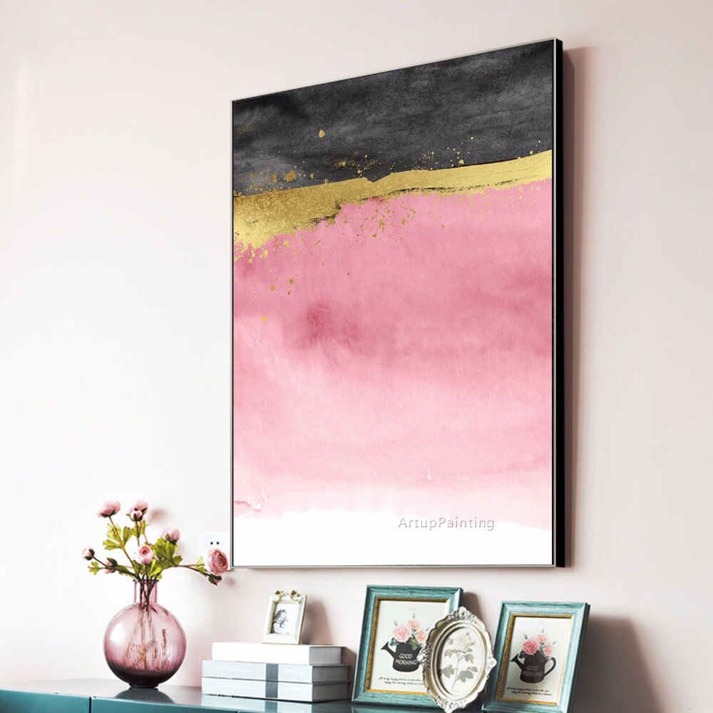 Pintura al &oacute;leo abstracta moderna sobre lienzo, cuadro para decoraci&oacute;n del hogar, arte de pared, pintura acr&iacute;lica, rosa, negro, dorado, pintada a mano