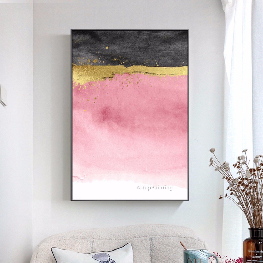 Pintura al &oacute;leo abstracta moderna sobre lienzo, cuadro para decoraci&oacute;n del hogar, arte de pared, pintura acr&iacute;lica, rosa, negro, dorado, pintada a mano