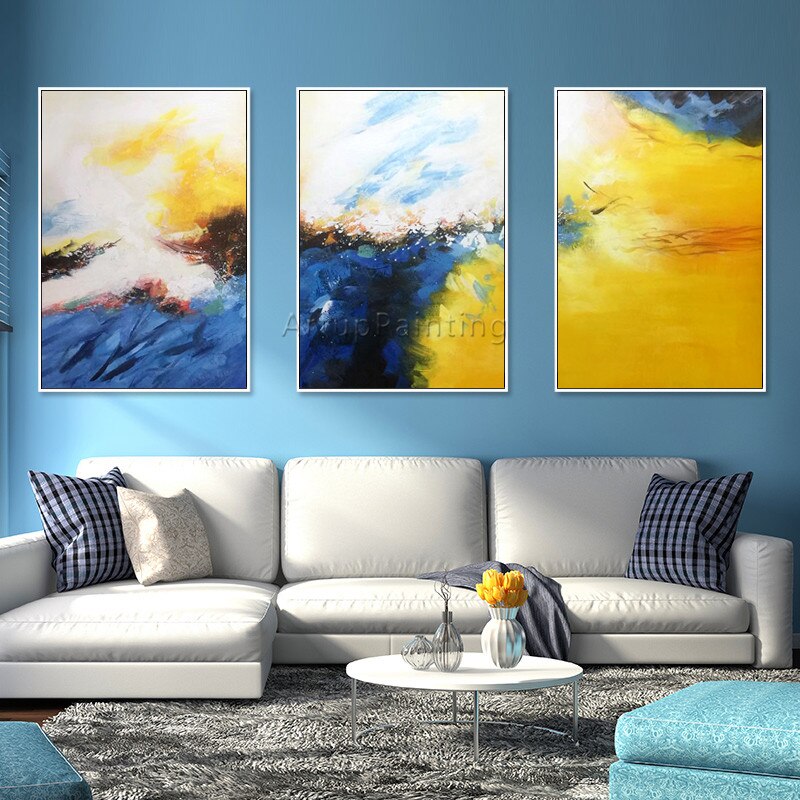 Pintura acr&iacute;lica en lienzo abstracta para decoraci&oacute;n del hogar, im&aacute;genes art&iacute;sticas de pared para sala de estar, 3 piezas, azul y amarillo