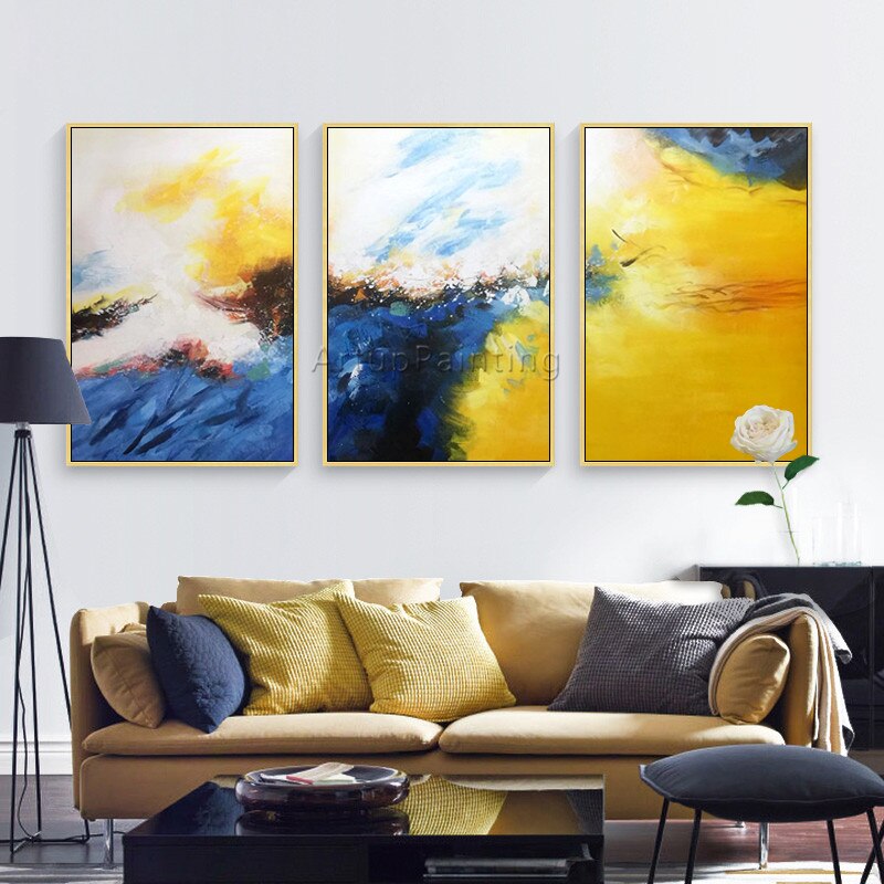 Pintura acr&iacute;lica en lienzo abstracta para decoraci&oacute;n del hogar, im&aacute;genes art&iacute;sticas de pared para sala de estar, 3 piezas, azul y amarillo
