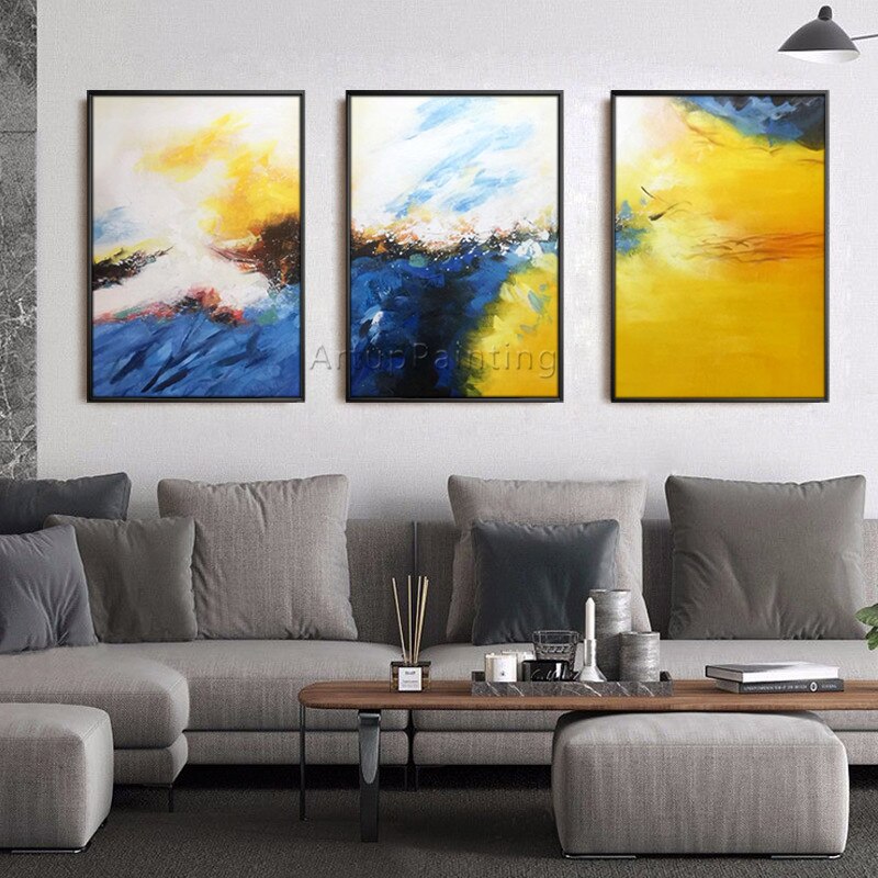 Pintura acr&iacute;lica en lienzo abstracta para decoraci&oacute;n del hogar, im&aacute;genes art&iacute;sticas de pared para sala de estar, 3 piezas, azul y amarillo