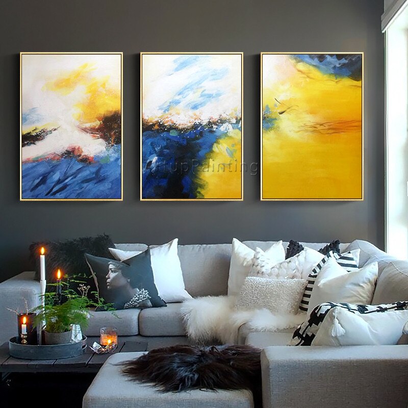 Pintura acr&iacute;lica en lienzo abstracta para decoraci&oacute;n del hogar, im&aacute;genes art&iacute;sticas de pared para sala de estar, 3 piezas, azul y amarillo