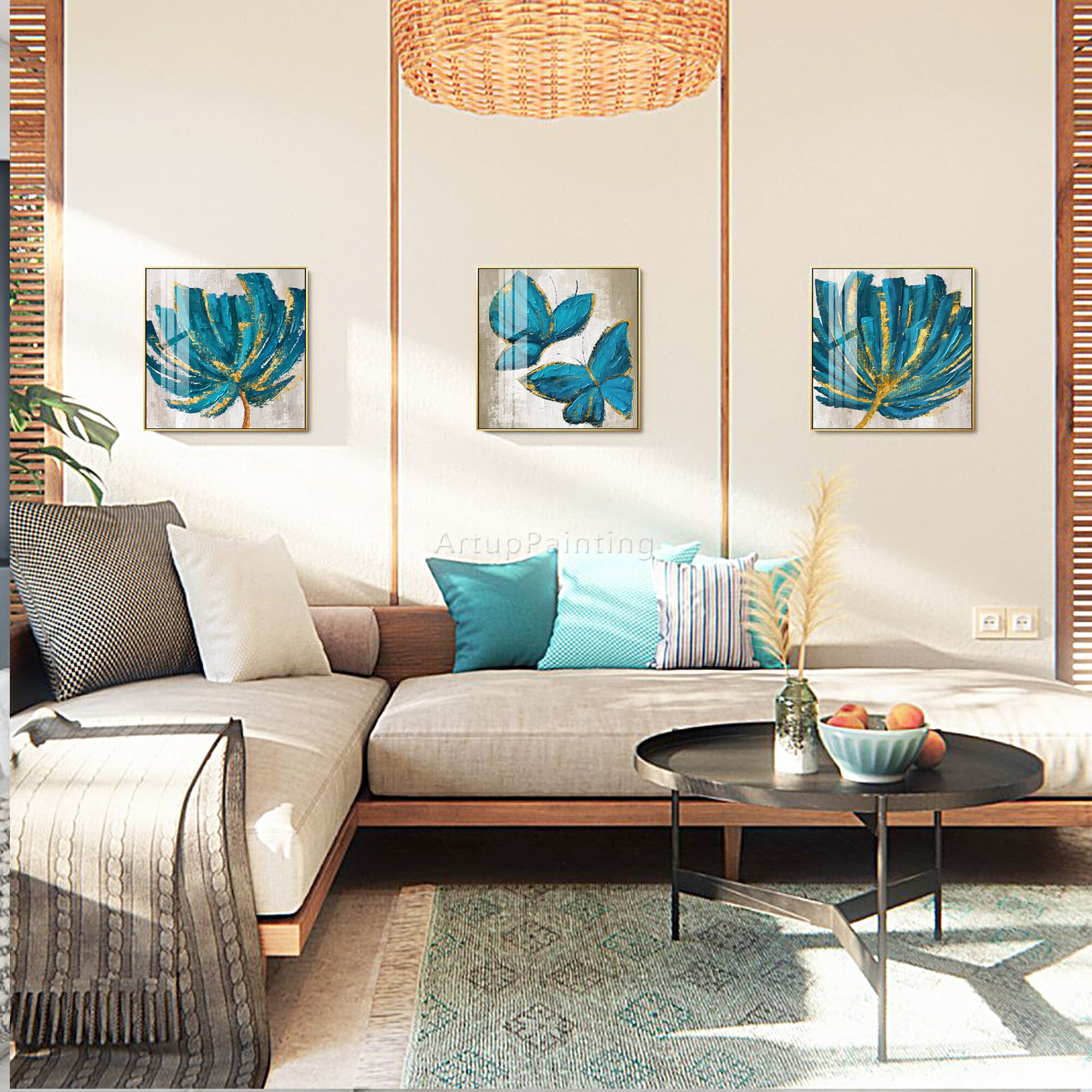 Juego de 3 lienzos para decoraci&oacute;n del hogar, pintura acr&iacute;lica abstracta moderna con purpurina dorada y flores verdes y azules, arte de pared grande, para sala de estar