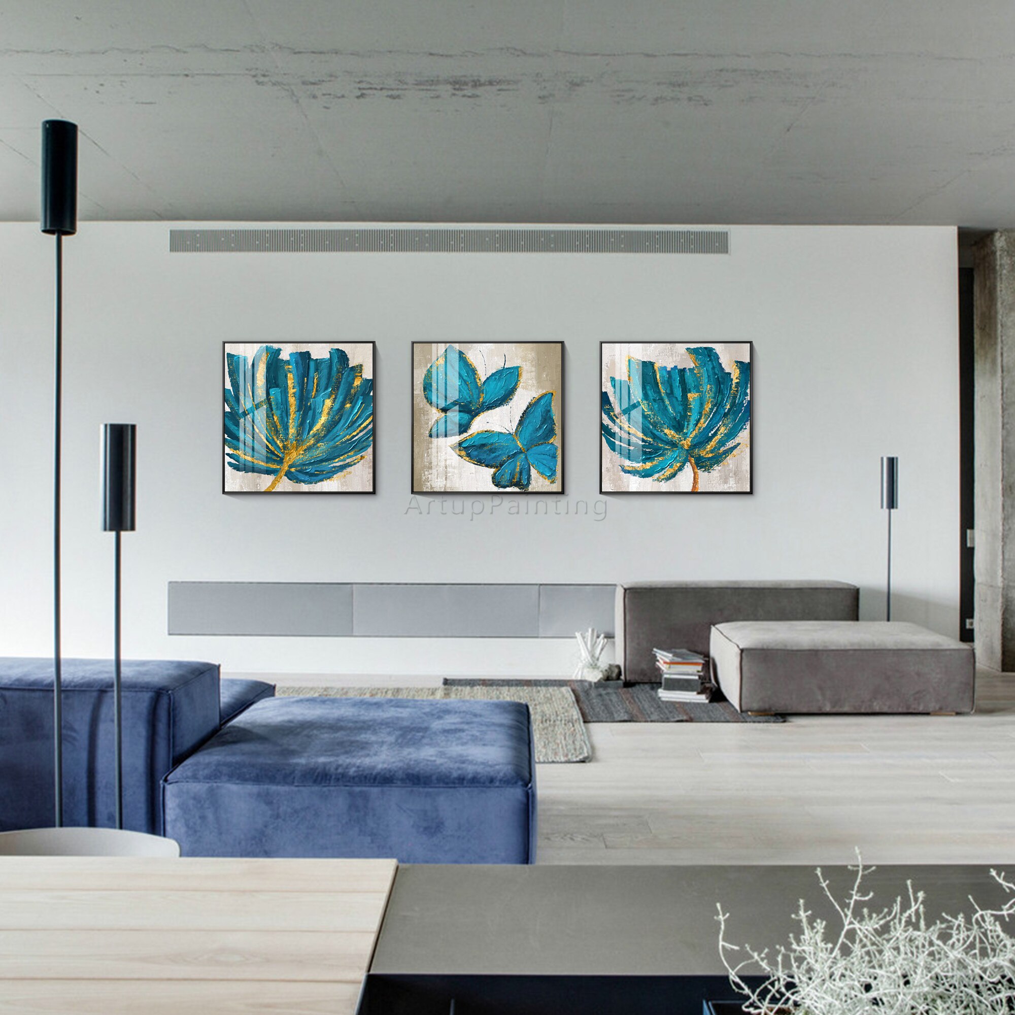 Juego de 3 lienzos para decoraci&oacute;n del hogar, pintura acr&iacute;lica abstracta moderna con purpurina dorada y flores verdes y azules, arte de pared grande, para sala de estar
