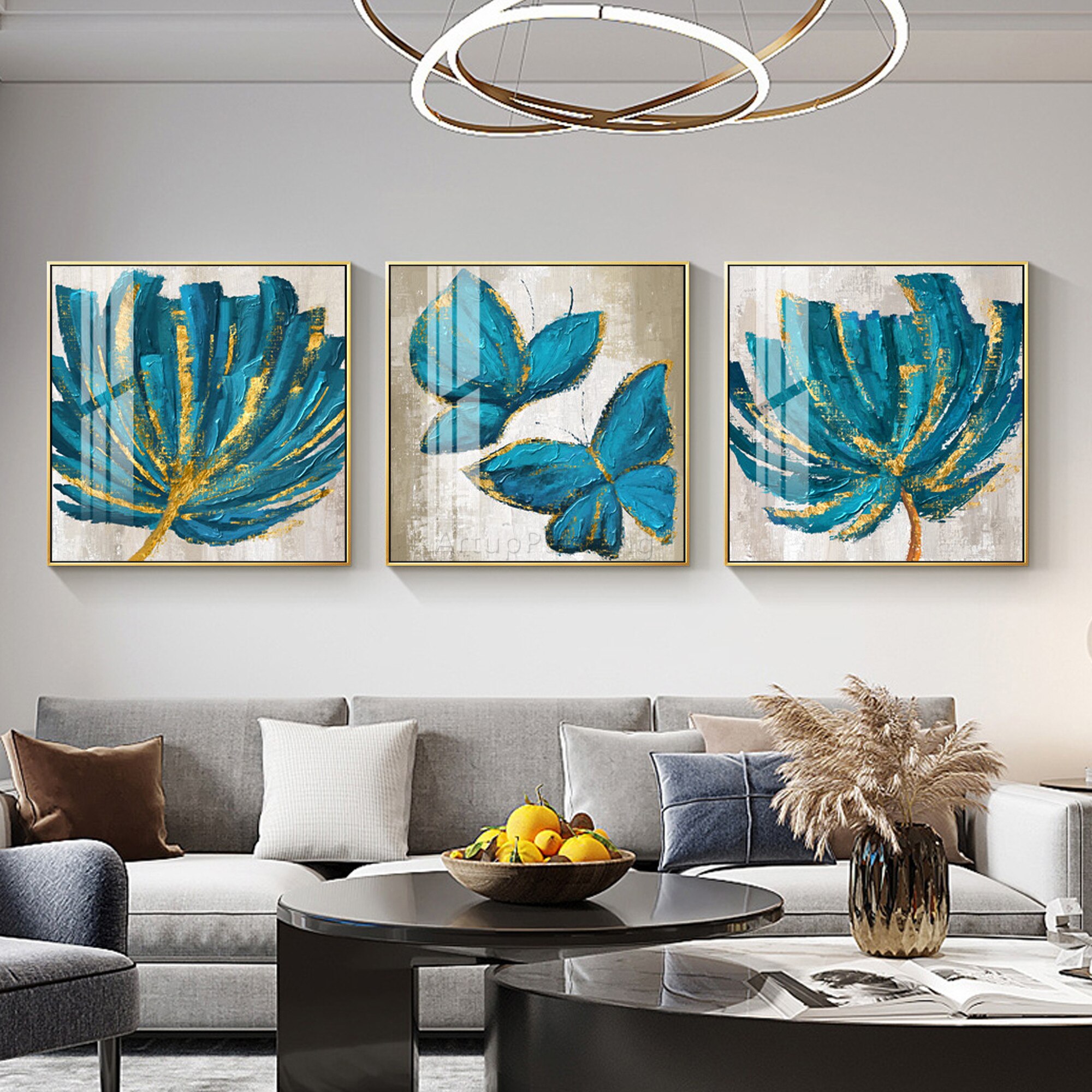 Juego de 3 lienzos para decoraci&oacute;n del hogar, pintura acr&iacute;lica abstracta moderna con purpurina dorada y flores verdes y azules, arte de pared grande, para sala de estar