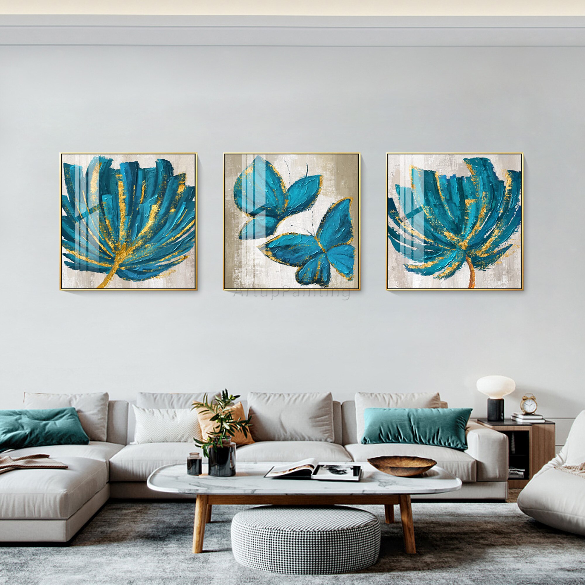 Juego de 3 lienzos para decoraci&oacute;n del hogar, pintura acr&iacute;lica abstracta moderna con purpurina dorada y flores verdes y azules, arte de pared grande, para sala de estar