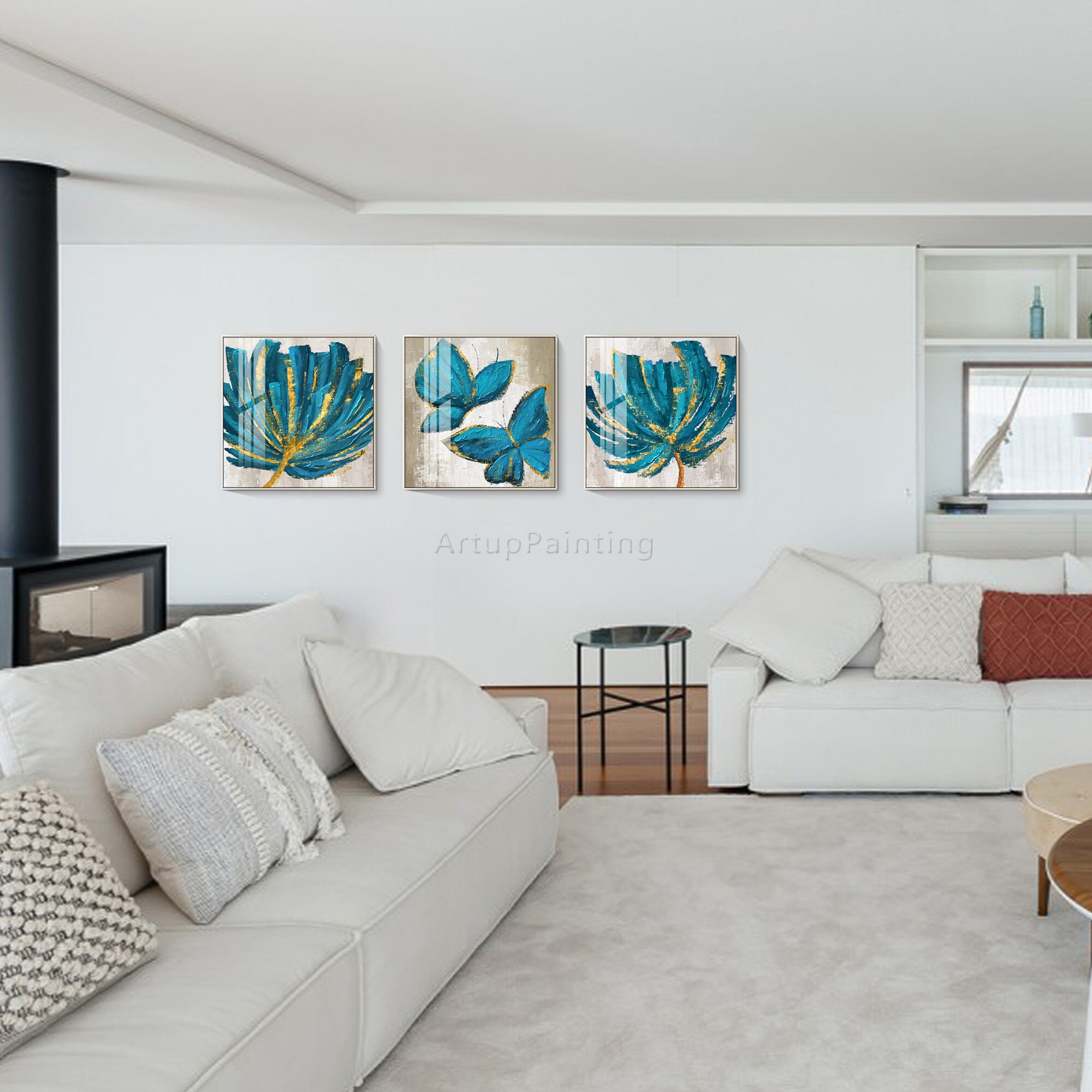 Juego de 3 lienzos para decoraci&oacute;n del hogar, pintura acr&iacute;lica abstracta moderna con purpurina dorada y flores verdes y azules, arte de pared grande, para sala de estar