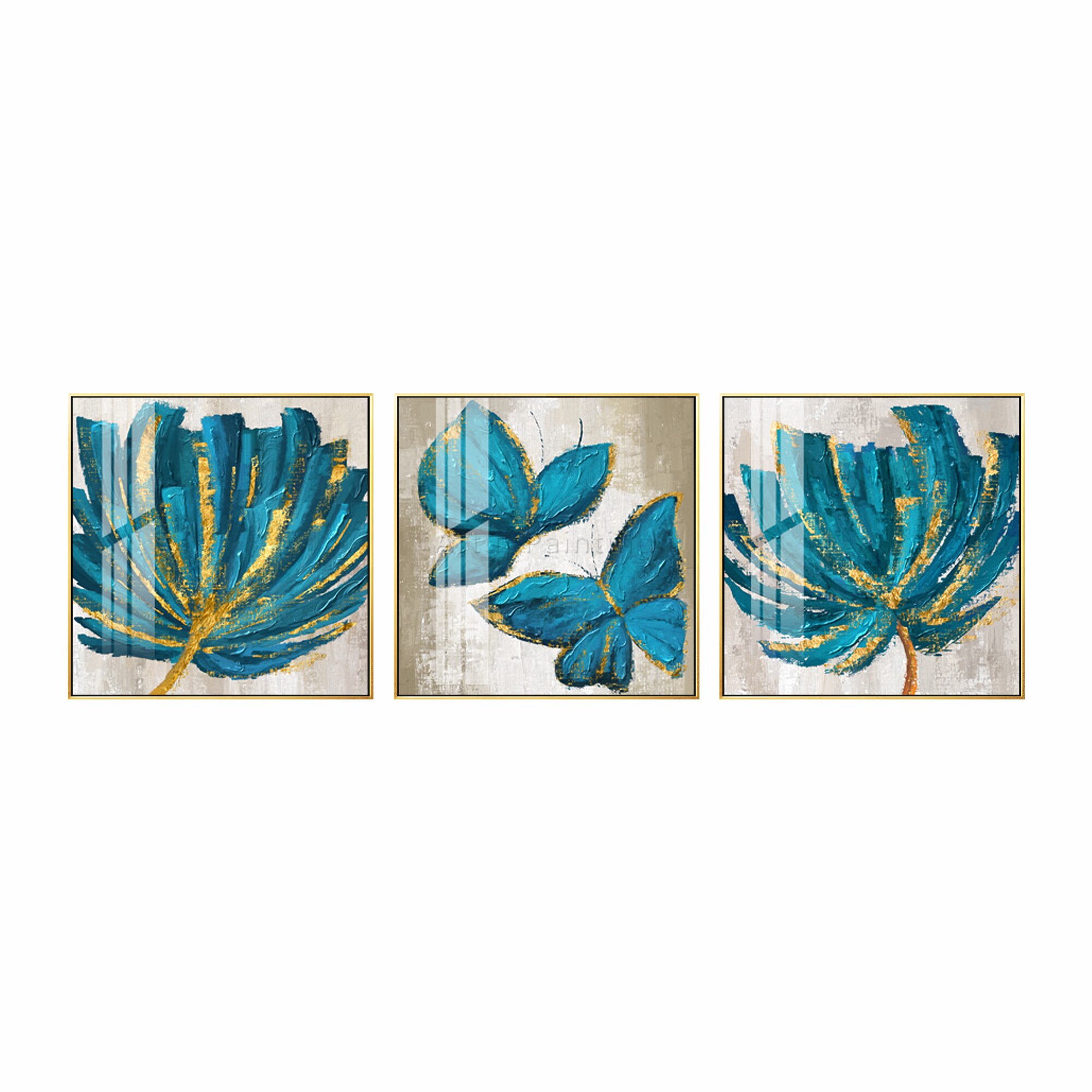 Juego de 3 lienzos para decoraci&oacute;n del hogar, pintura acr&iacute;lica abstracta moderna con purpurina dorada y flores verdes y azules, arte de pared grande, para sala de estar