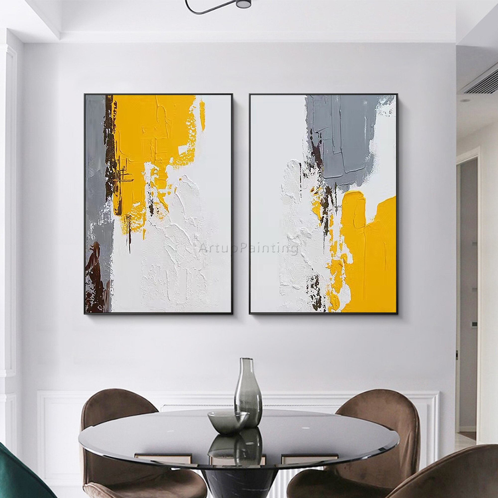 Juego de 2 cuadros abstractos modernos para decoraci&oacute;n de sala de estar, pintura a mano en lienzo, arte de pared, p&oacute;ster de pared, gris, amarillo, marr&oacute;n