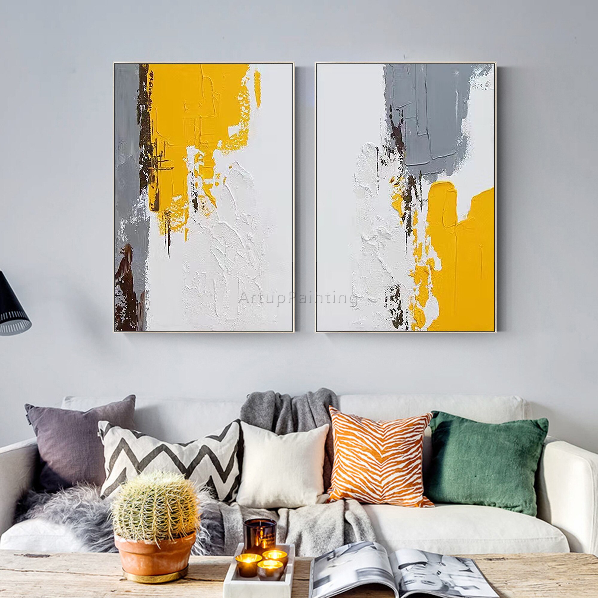 Juego de 2 cuadros abstractos modernos para decoraci&oacute;n de sala de estar, pintura a mano en lienzo, arte de pared, p&oacute;ster de pared, gris, amarillo, marr&oacute;n
