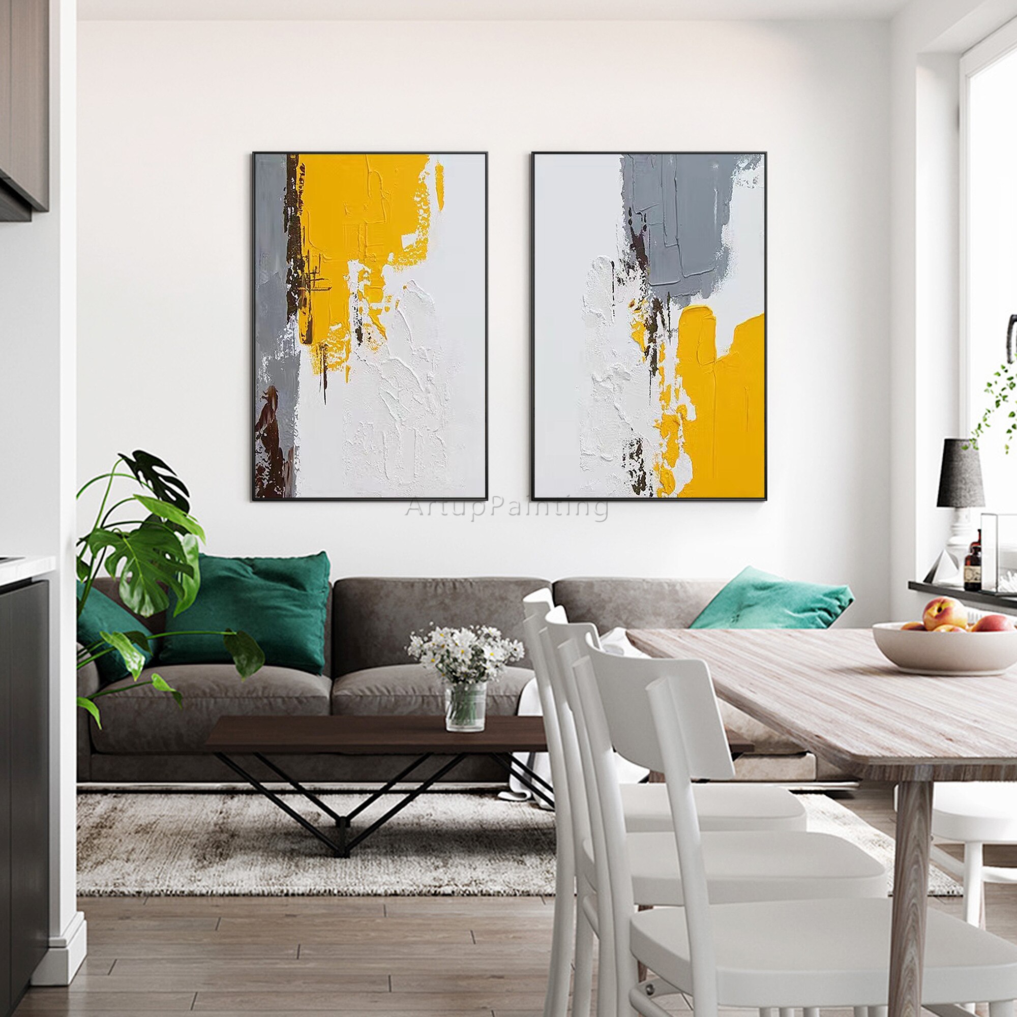 Juego de 2 cuadros abstractos modernos para decoraci&oacute;n de sala de estar, pintura a mano en lienzo, arte de pared, p&oacute;ster de pared, gris, amarillo, marr&oacute;n