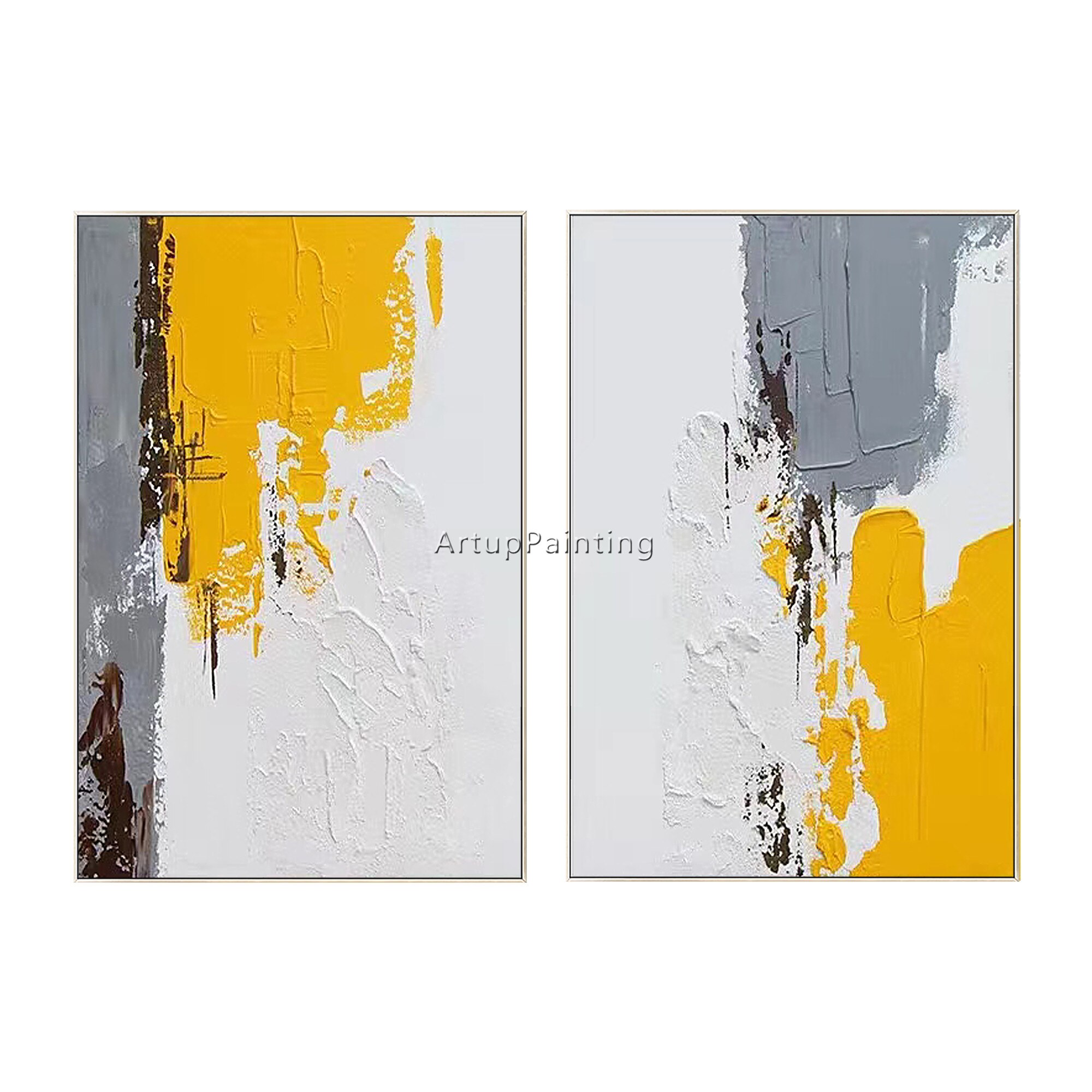 Juego de 2 cuadros abstractos modernos para decoraci&oacute;n de sala de estar, pintura a mano en lienzo, arte de pared, p&oacute;ster de pared, gris, amarillo, marr&oacute;n