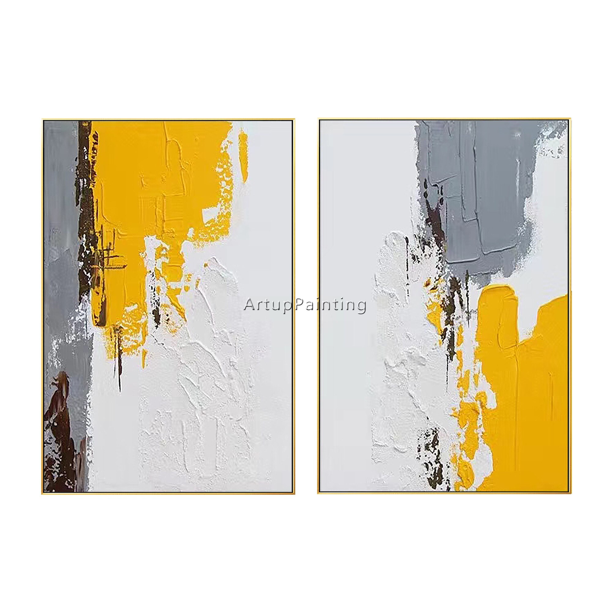 Juego de 2 cuadros abstractos modernos para decoraci&oacute;n de sala de estar, pintura a mano en lienzo, arte de pared, p&oacute;ster de pared, gris, amarillo, marr&oacute;n