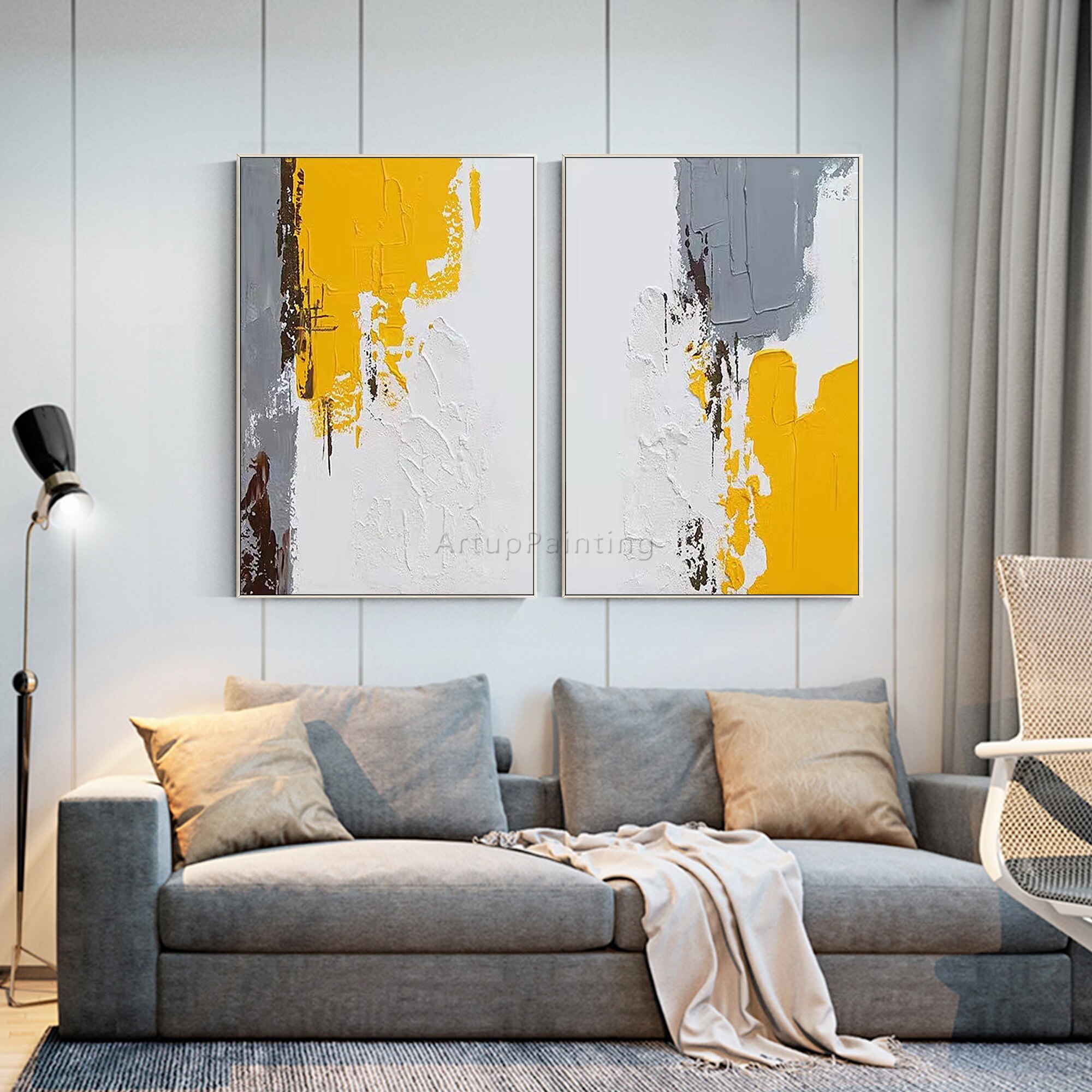Juego de 2 cuadros abstractos modernos para decoraci&oacute;n de sala de estar, pintura a mano en lienzo, arte de pared, p&oacute;ster de pared, gris, amarillo, marr&oacute;n