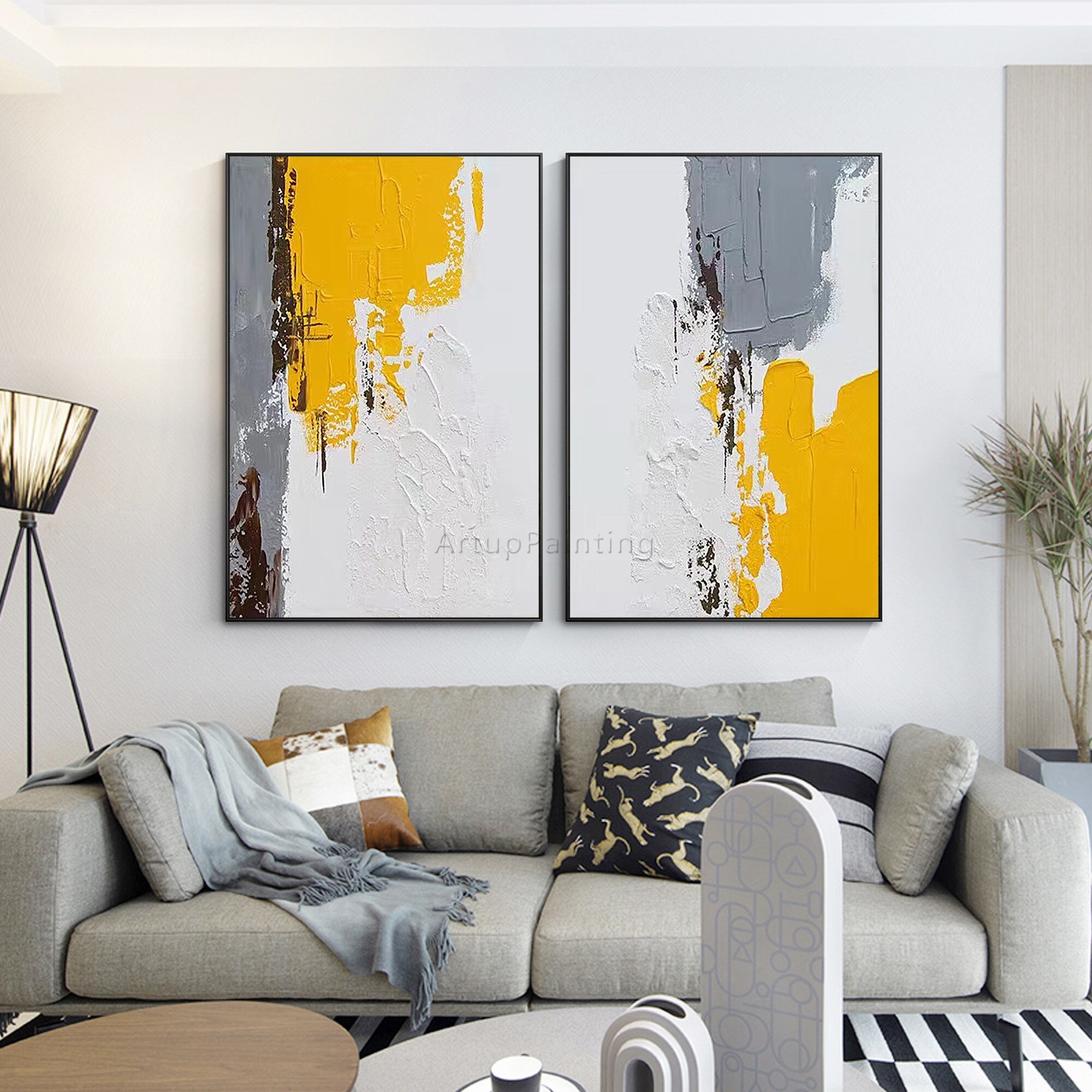 Juego de 2 cuadros abstractos modernos para decoraci&oacute;n de sala de estar, pintura a mano en lienzo, arte de pared, p&oacute;ster de pared, gris, amarillo, marr&oacute;n