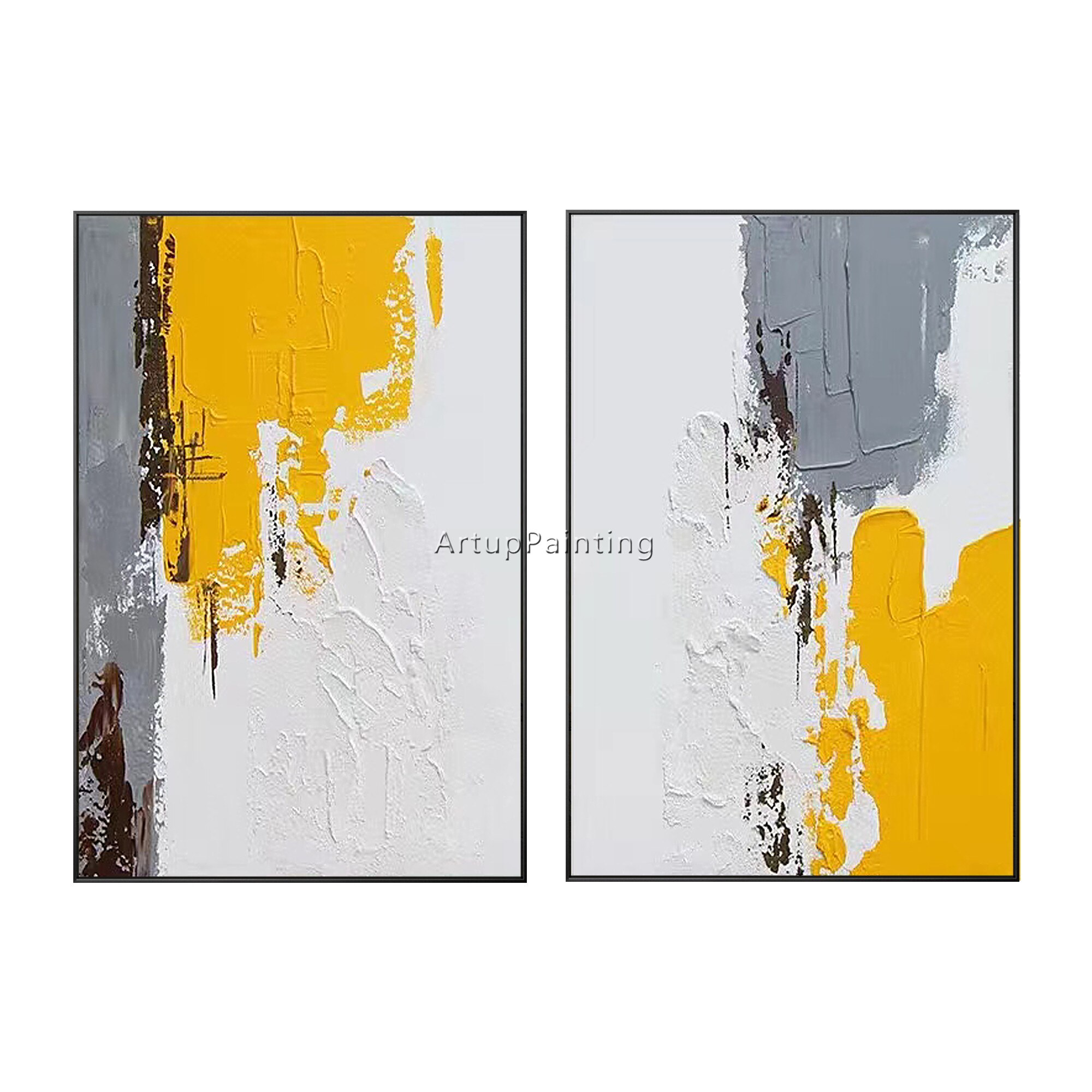 Juego de 2 cuadros abstractos modernos para decoraci&oacute;n de sala de estar, pintura a mano en lienzo, arte de pared, p&oacute;ster de pared, gris, amarillo, marr&oacute;n