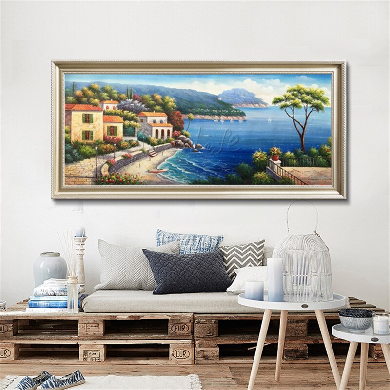 Pintado a mano con vista al mar Mediterr&aacute;neo, la sala de estar Decora una pintura de pared en el lienzo, arte, papel tapiz, imagen 33
