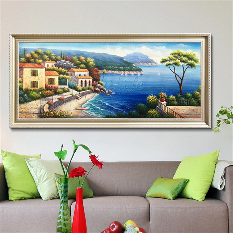 Pintado a mano con vista al mar Mediterr&aacute;neo, la sala de estar Decora una pintura de pared en el lienzo, arte, papel tapiz, imagen 33