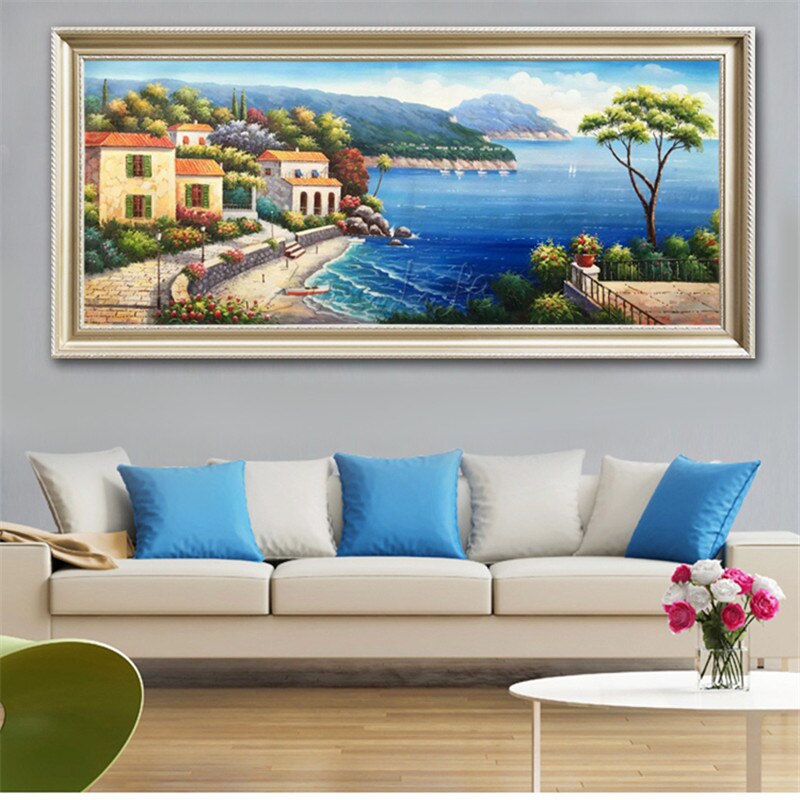 Pintado a mano con vista al mar Mediterr&aacute;neo, la sala de estar Decora una pintura de pared en el lienzo, arte, papel tapiz, imagen 33