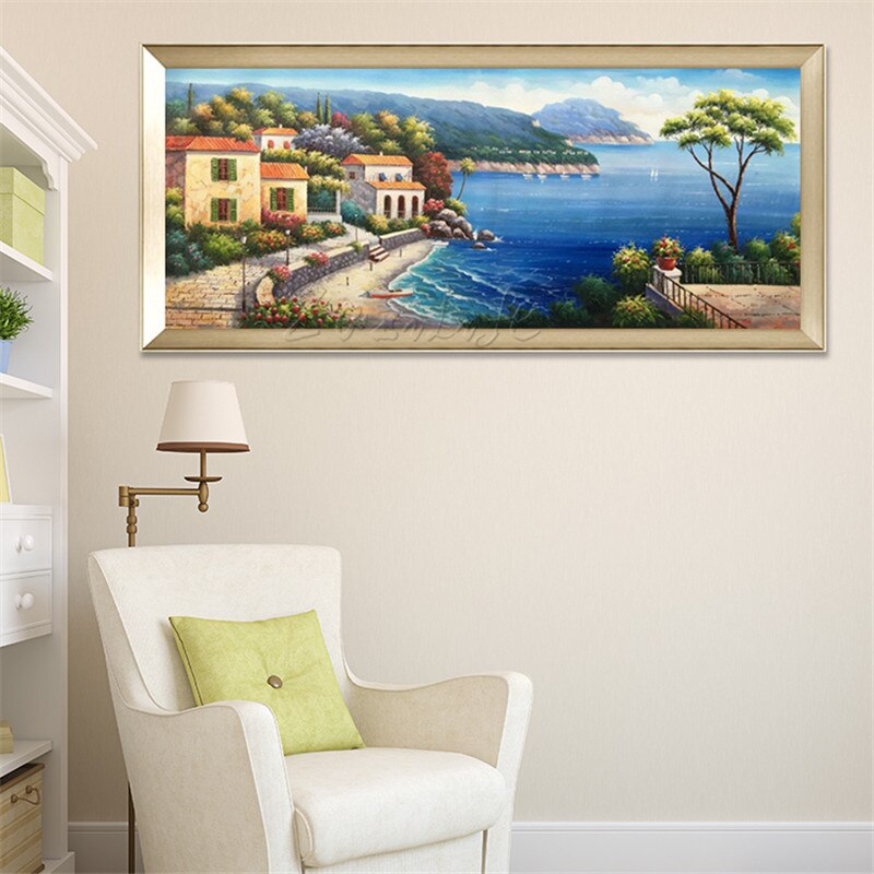 Pintado a mano con vista al mar Mediterr&aacute;neo, la sala de estar Decora una pintura de pared en el lienzo, arte, papel tapiz, imagen 33