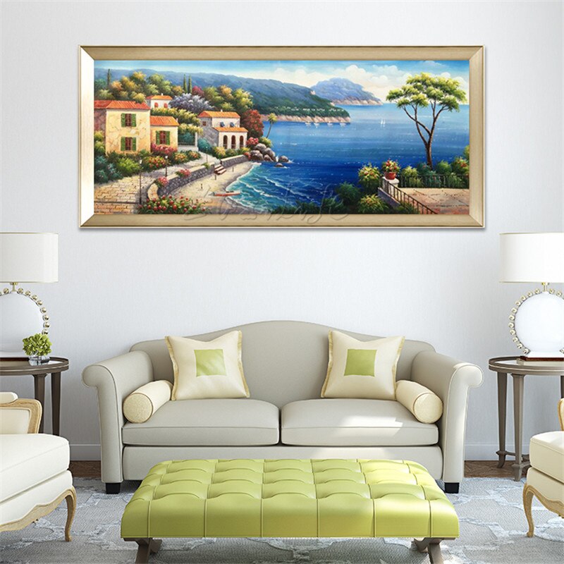 Pintado a mano con vista al mar Mediterr&aacute;neo, la sala de estar Decora una pintura de pared en el lienzo, arte, papel tapiz, imagen 33