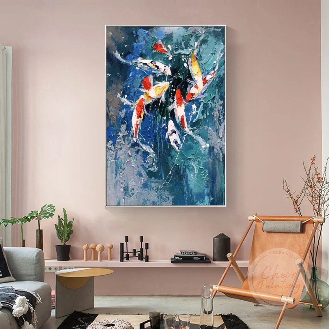 Pintura de peces Koi Feng shui, arte de pared enmarcado, pintura acr&iacute;lica colorida sobre lienzo, paleta grande, cuchillo impasto, pintura al &oacute;leo