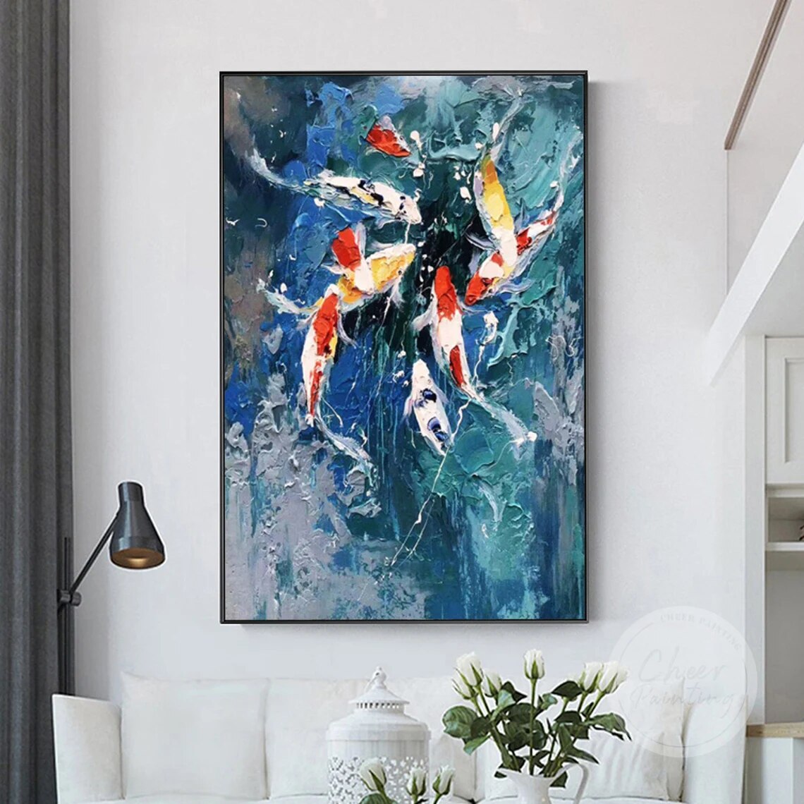 Pintura de peces Koi Feng shui, arte de pared enmarcado, pintura acr&iacute;lica colorida sobre lienzo, paleta grande, cuchillo impasto, pintura al &oacute;leo