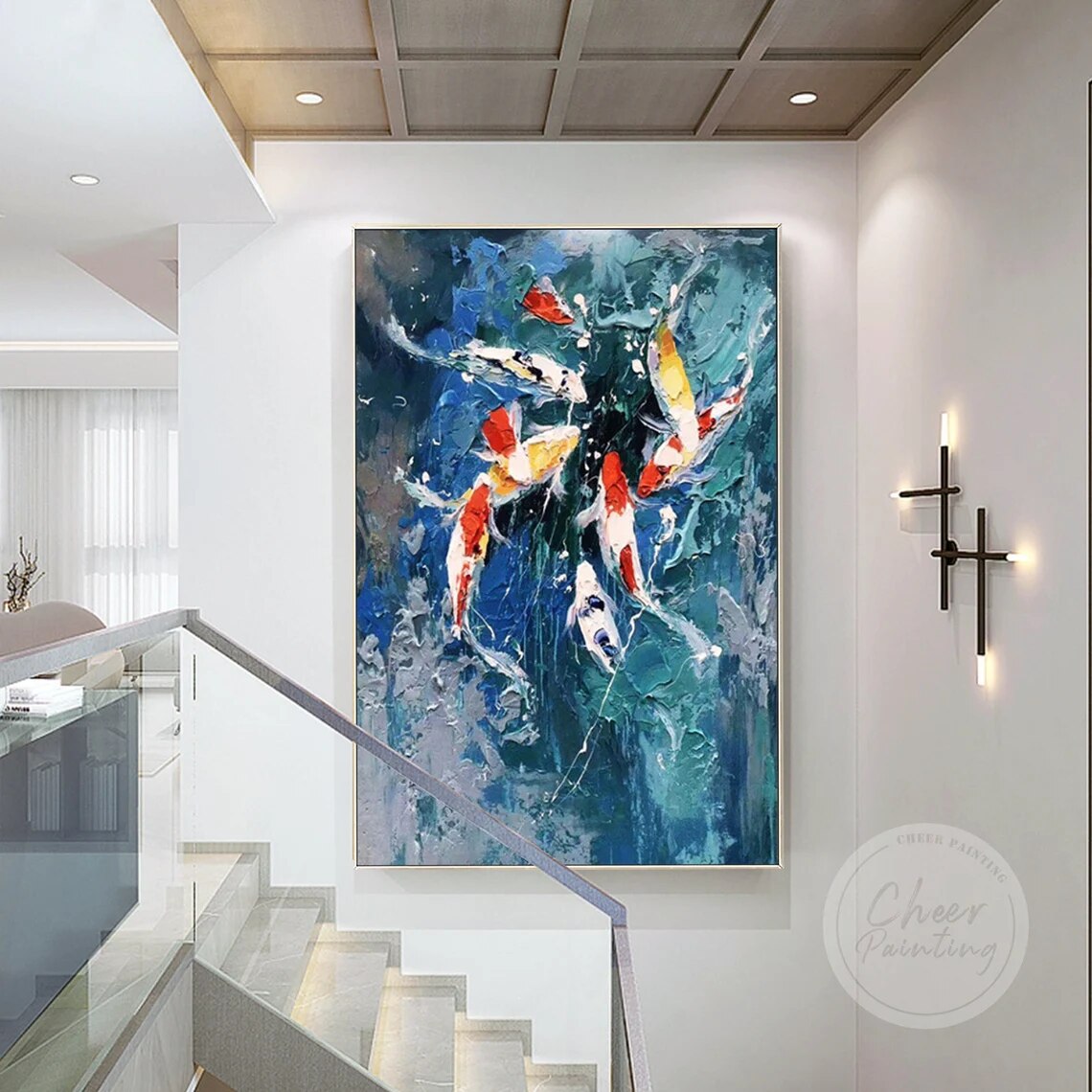 Pintura de peces Koi Feng shui, arte de pared enmarcado, pintura acr&iacute;lica colorida sobre lienzo, paleta grande, cuchillo impasto, pintura al &oacute;leo
