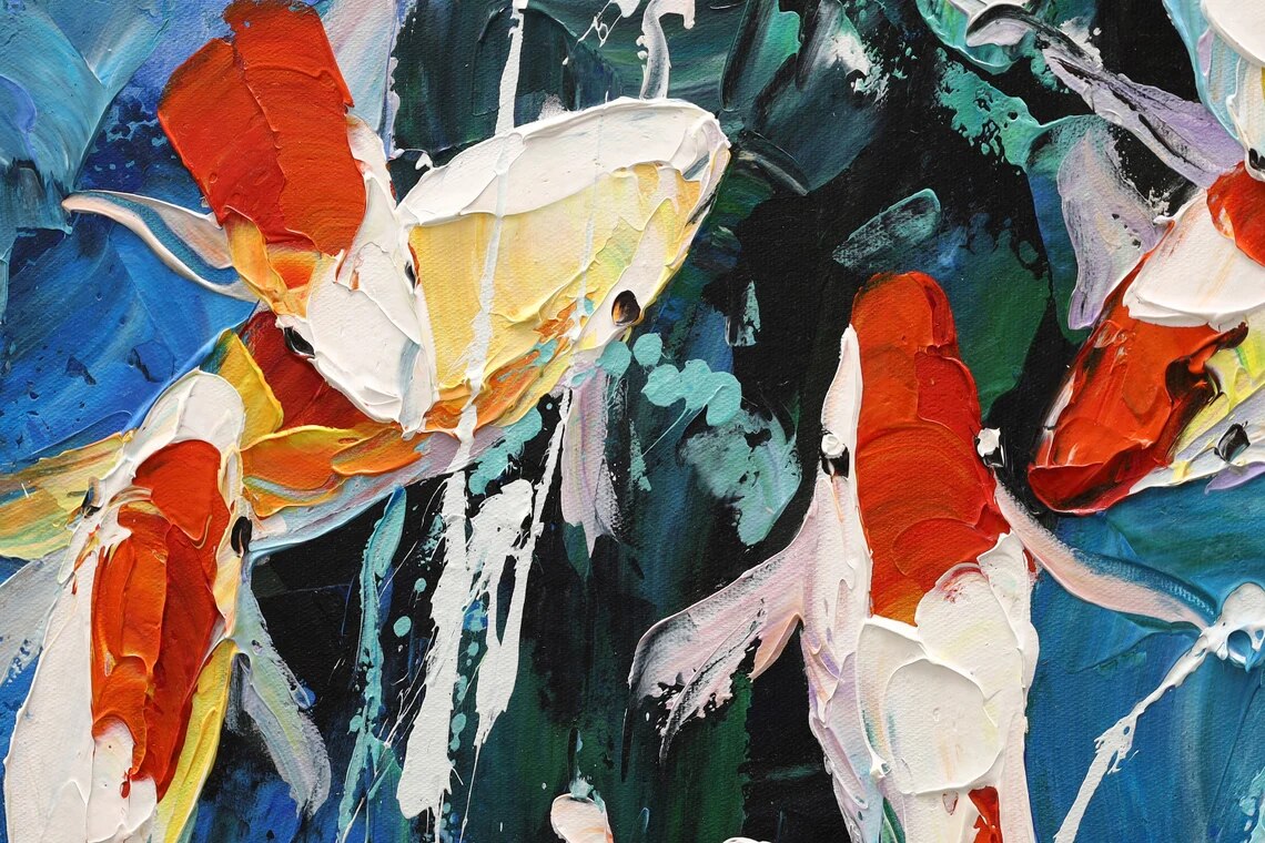Pintura de peces Koi Feng shui, arte de pared enmarcado, pintura acr&iacute;lica colorida sobre lienzo, paleta grande, cuchillo impasto, pintura al &oacute;leo
