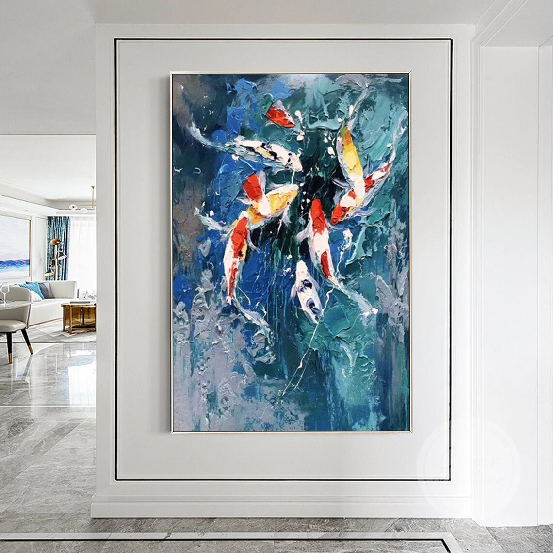 Pintura de peces Koi Feng shui, arte de pared enmarcado, pintura acr&iacute;lica colorida sobre lienzo, paleta grande, cuchillo impasto, pintura al &oacute;leo
