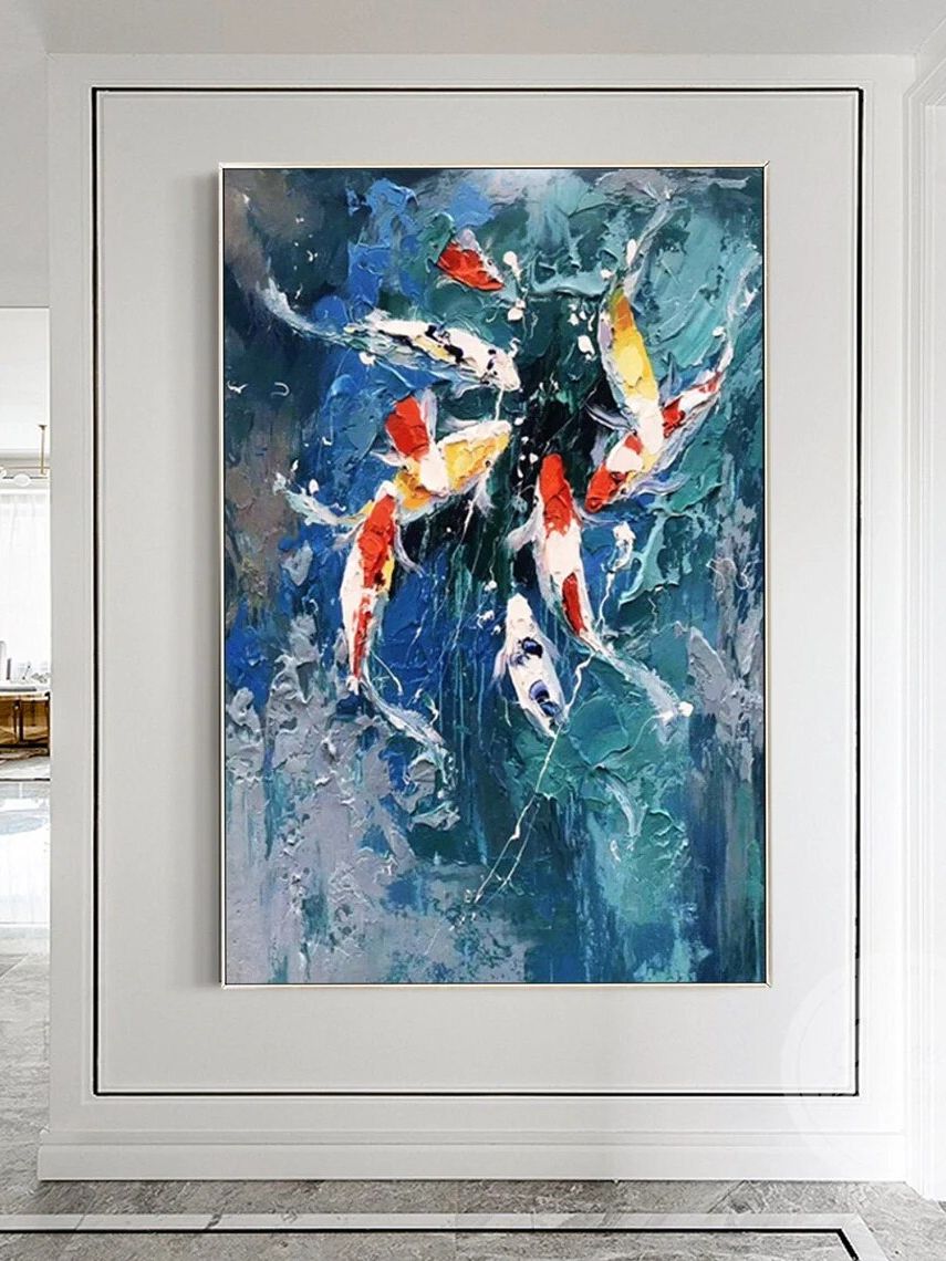 Pintura de peces Koi Feng shui, arte de pared enmarcado, pintura acr&iacute;lica colorida sobre lienzo, paleta grande, cuchillo impasto, pintura al &oacute;leo