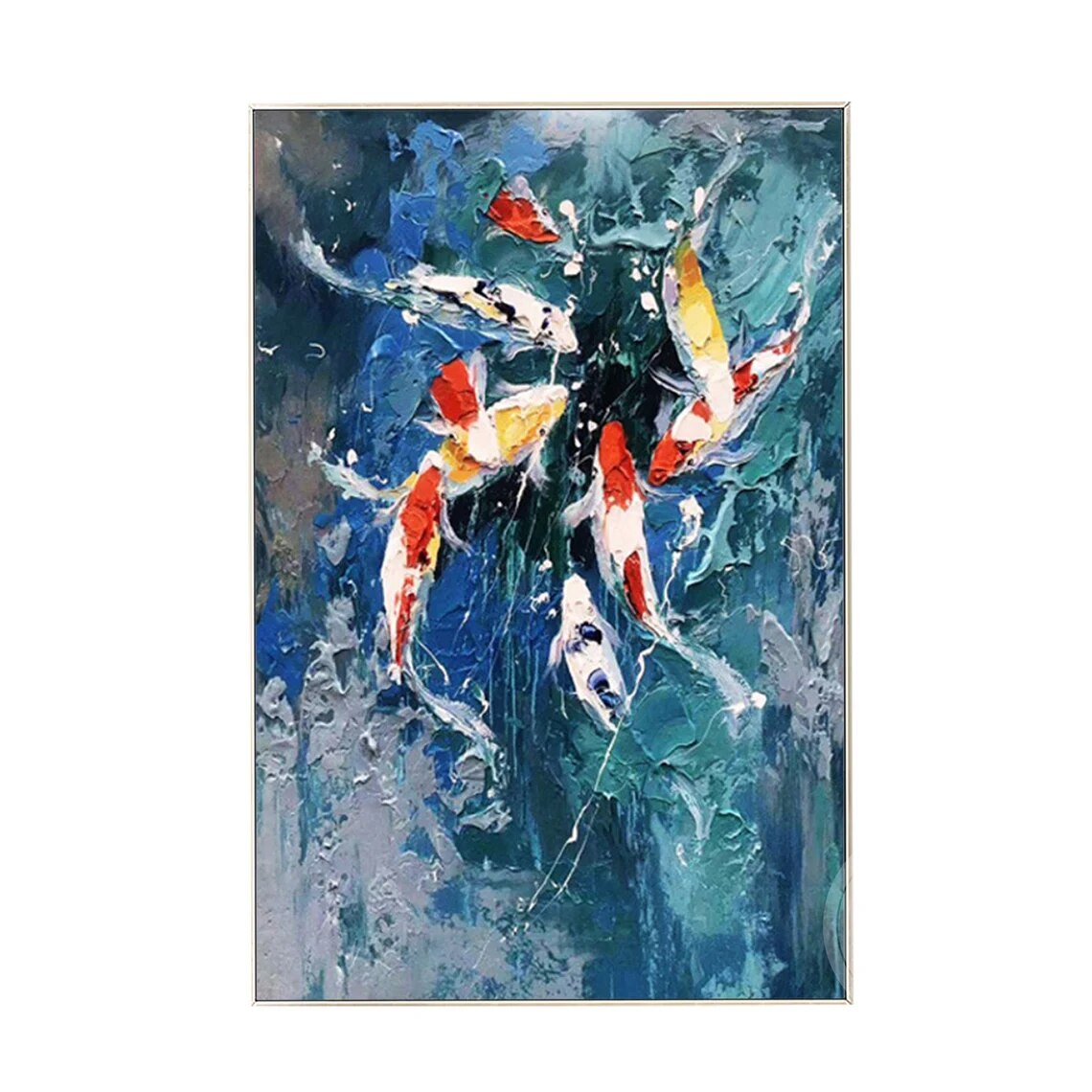 Pintura de peces Koi Feng shui, arte de pared enmarcado, pintura acr&iacute;lica colorida sobre lienzo, paleta grande, cuchillo impasto, pintura al &oacute;leo