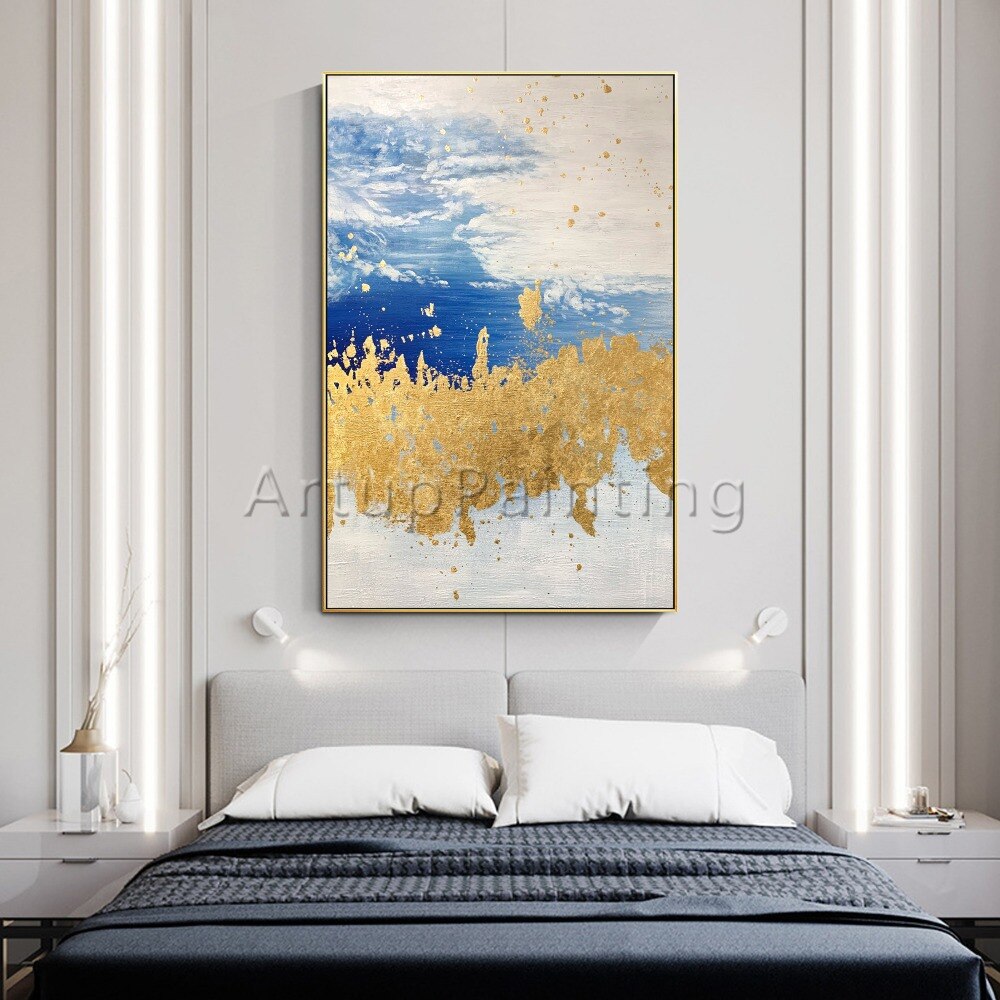 Pintura al &oacute;leo abstracta moderna pintada a mano sobre lienzo, imagen art&iacute;stica de pared azul, amarillo y gris para decoraci&oacute;n del hogar de la sala de estar