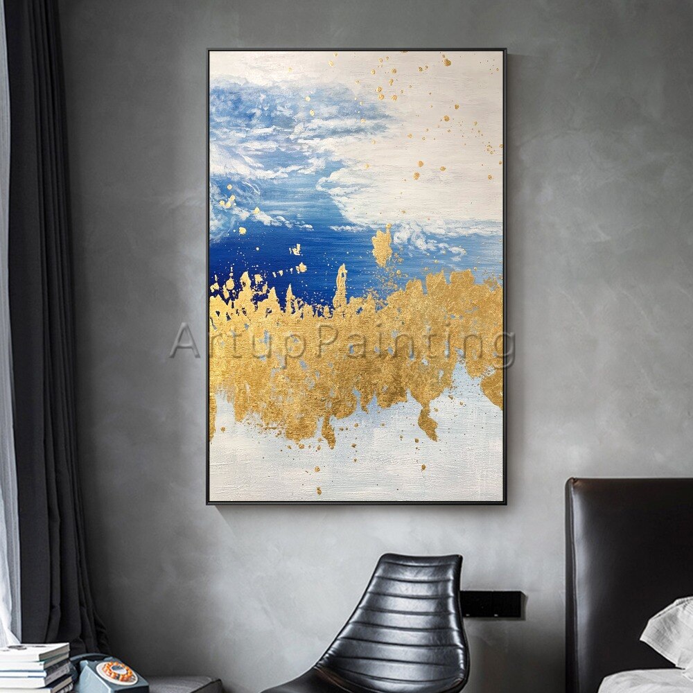Pintura al &oacute;leo abstracta moderna pintada a mano sobre lienzo, imagen art&iacute;stica de pared azul, amarillo y gris para decoraci&oacute;n del hogar de la sala de estar
