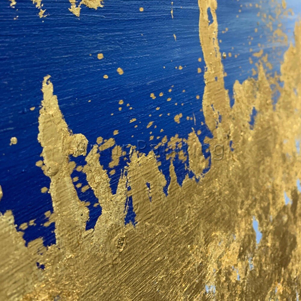 Pintura al &oacute;leo abstracta moderna pintada a mano sobre lienzo, imagen art&iacute;stica de pared azul, amarillo y gris para decoraci&oacute;n del hogar de la sala de estar