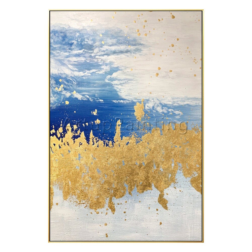 Pintura al &oacute;leo abstracta moderna pintada a mano sobre lienzo, imagen art&iacute;stica de pared azul, amarillo y gris para decoraci&oacute;n del hogar de la sala de estar