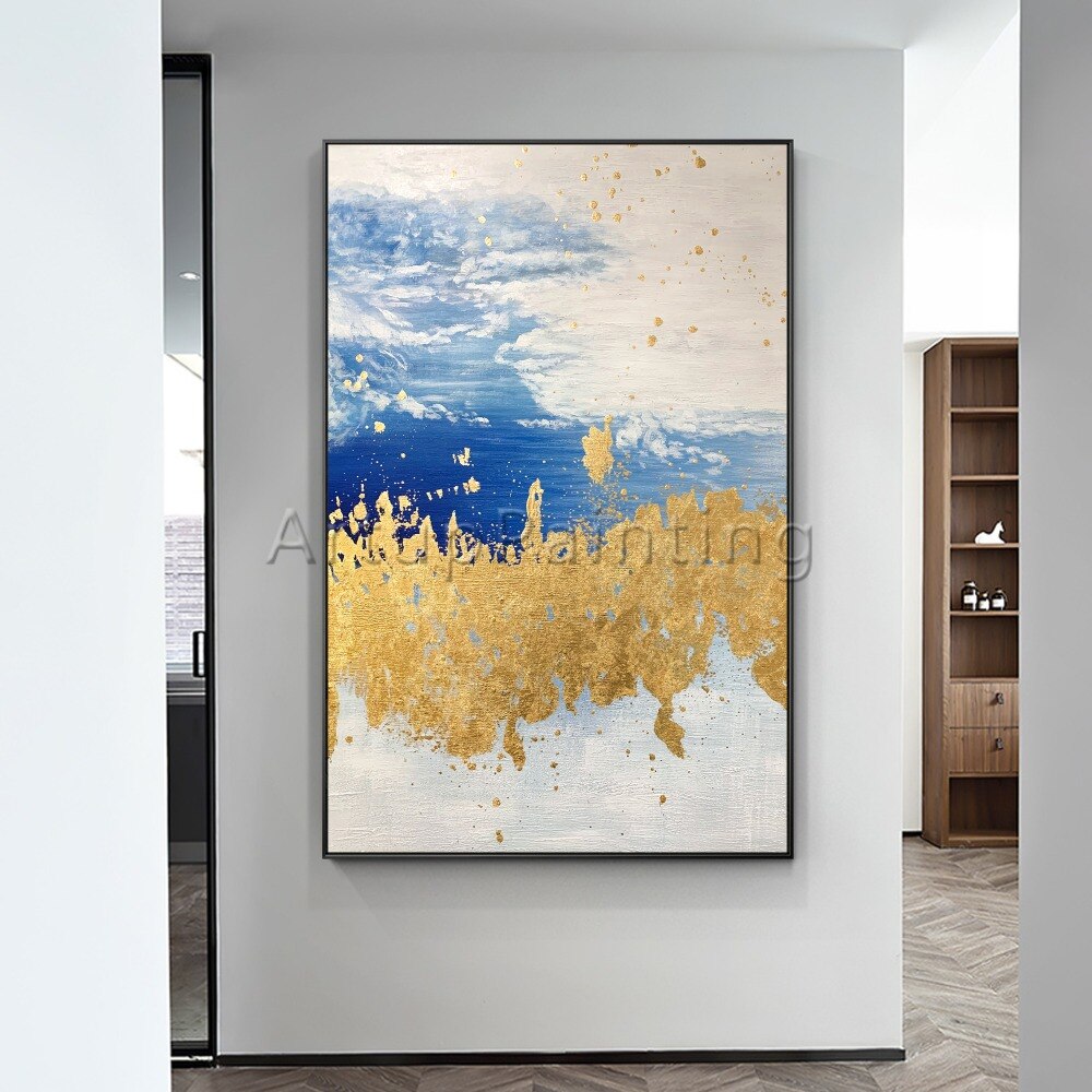 Pintura al &oacute;leo abstracta moderna pintada a mano sobre lienzo, imagen art&iacute;stica de pared azul, amarillo y gris para decoraci&oacute;n del hogar de la sala de estar