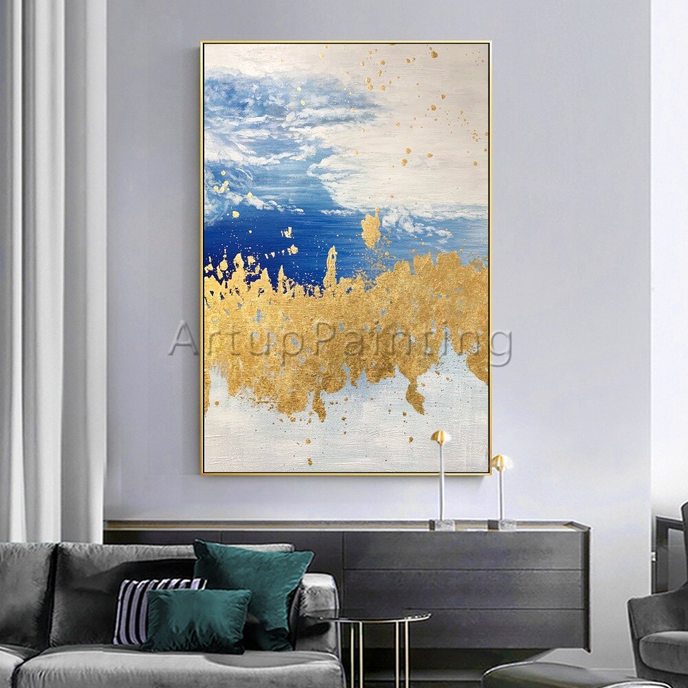 Pintura al &oacute;leo abstracta moderna pintada a mano sobre lienzo, imagen art&iacute;stica de pared azul, amarillo y gris para decoraci&oacute;n del hogar de la sala de estar