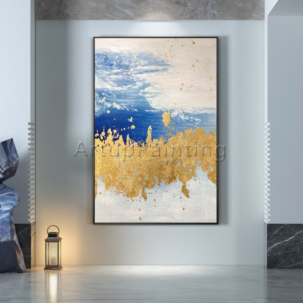 Pintura al &oacute;leo abstracta moderna pintada a mano sobre lienzo, imagen art&iacute;stica de pared azul, amarillo y gris para decoraci&oacute;n del hogar de la sala de estar