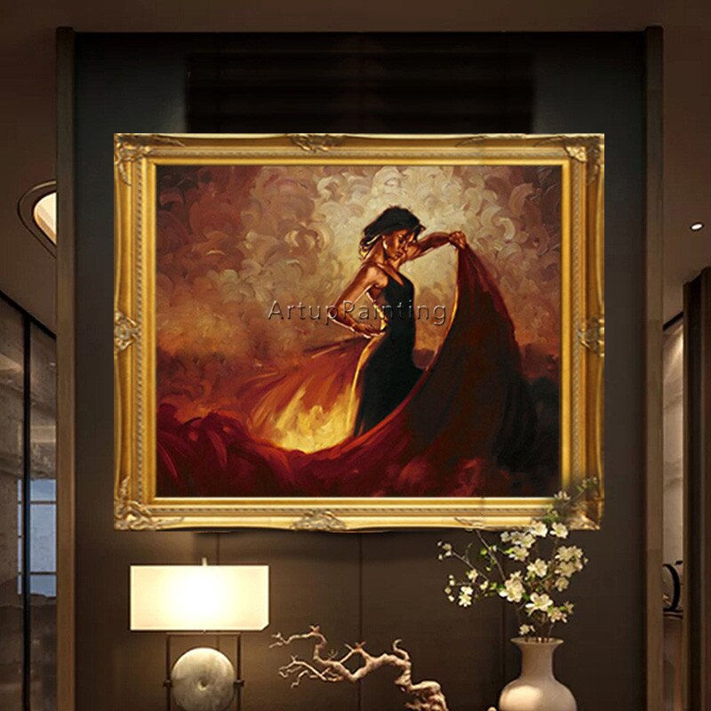 Pintura al &oacute;leo de bailarina flamenca espa&ntilde;ola, decoraci&oacute;n de caudros, mujer latina, lienzo de alta calidad, pintada a mano, pintura latina 13