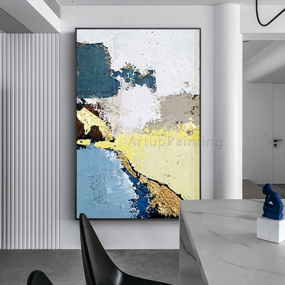 Pintura al &oacute;leo abstracta moderna sobre lienzo, arte de pared acr&iacute;lico hecho a mano, azul, amarillo, gris, para decoraci&oacute;n del hogar y sala de estar
