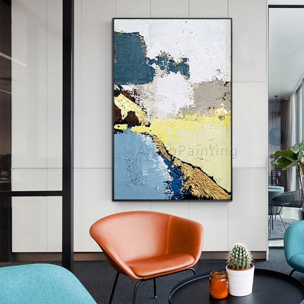 Pintura al &oacute;leo abstracta moderna sobre lienzo, arte de pared acr&iacute;lico hecho a mano, azul, amarillo, gris, para decoraci&oacute;n del hogar y sala de estar