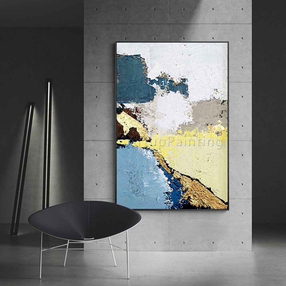 Pintura al &oacute;leo abstracta moderna sobre lienzo, arte de pared acr&iacute;lico hecho a mano, azul, amarillo, gris, para decoraci&oacute;n del hogar y sala de estar